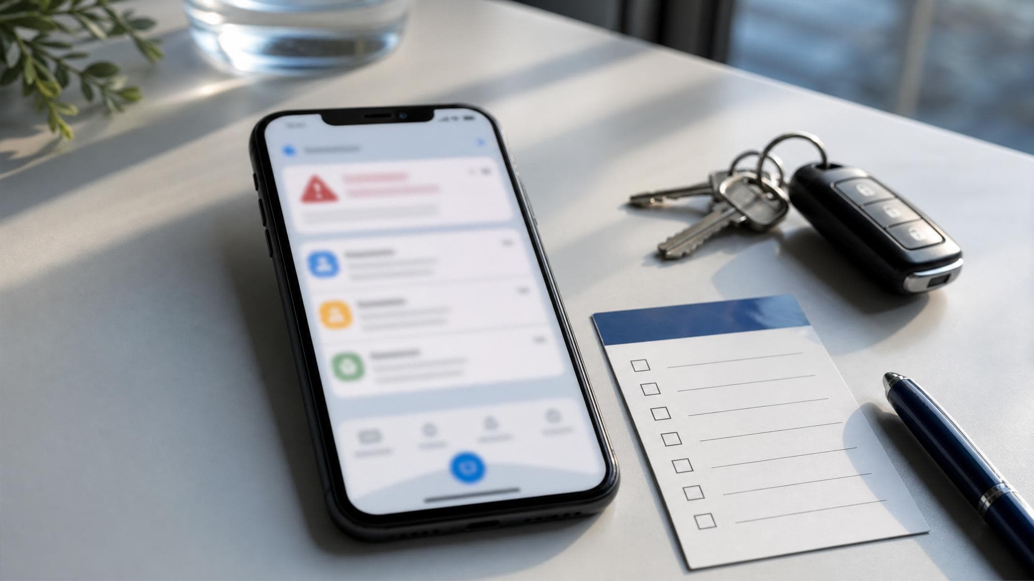 A phone showing a Silvermere emergency notification beside a household grab-and-go kit.