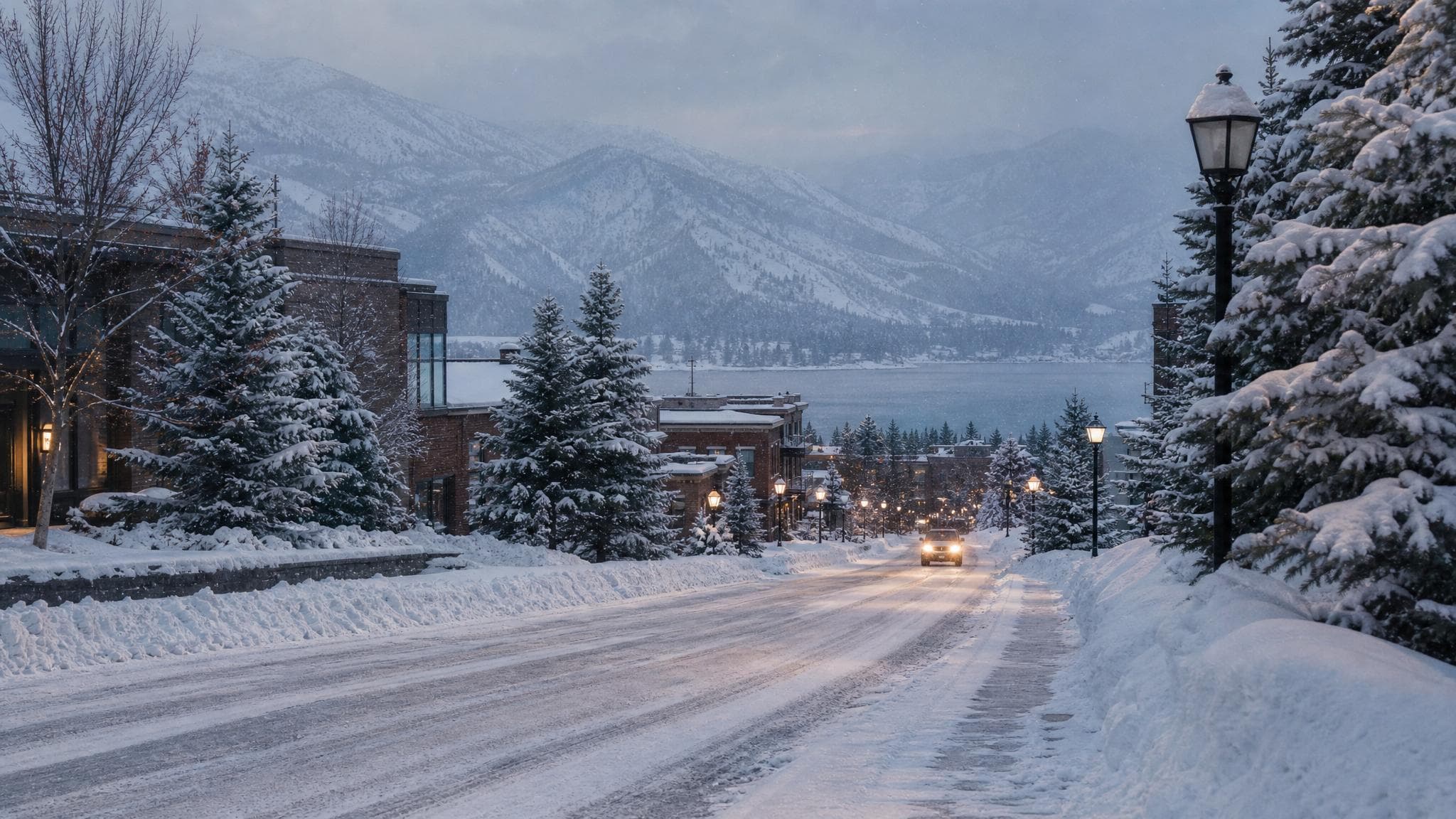 A snowy Silvermere road during winter with plowed lanes and mountain visibility.