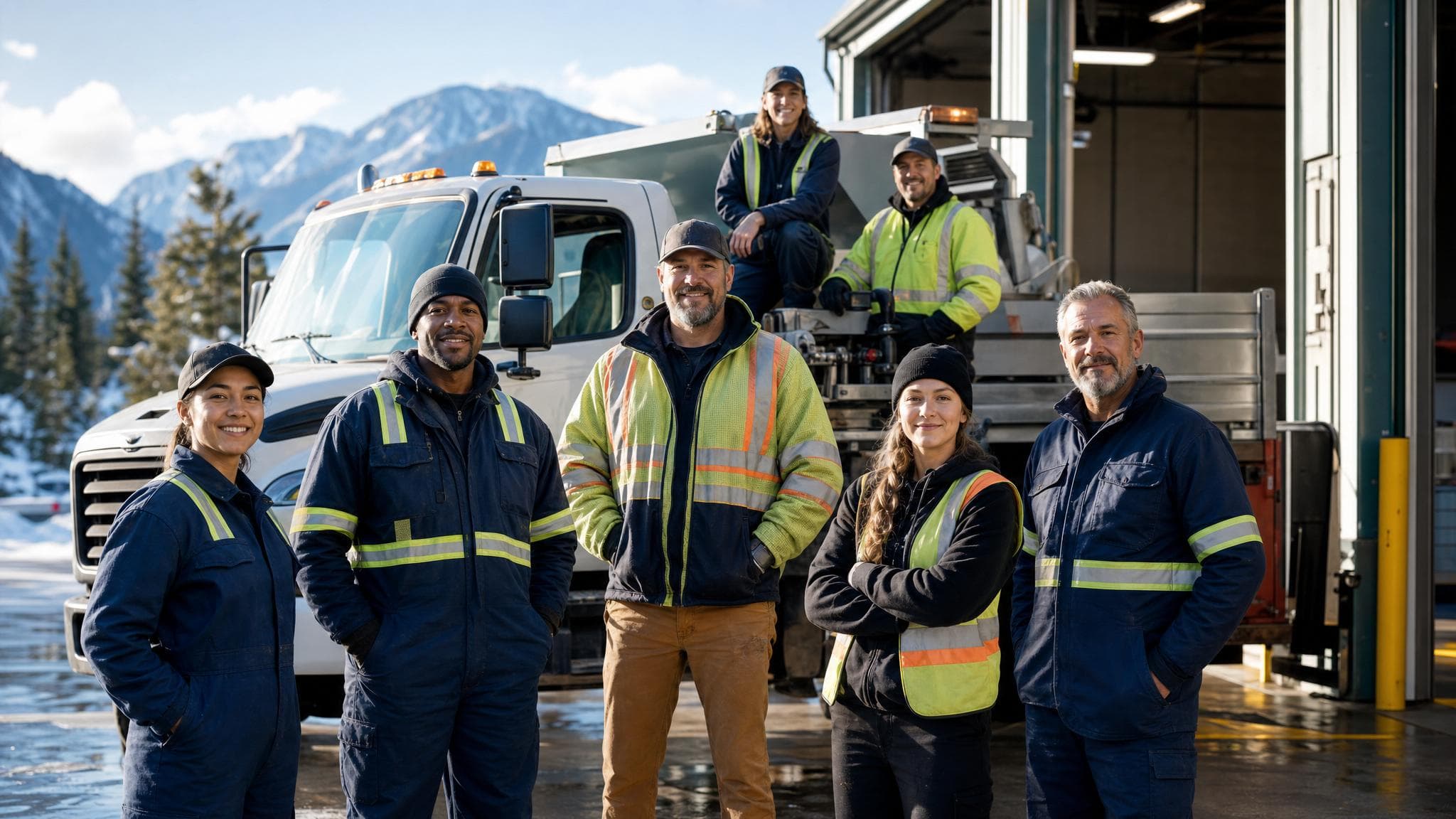 Silvermere public works staff preparing equipment at a municipal yard.