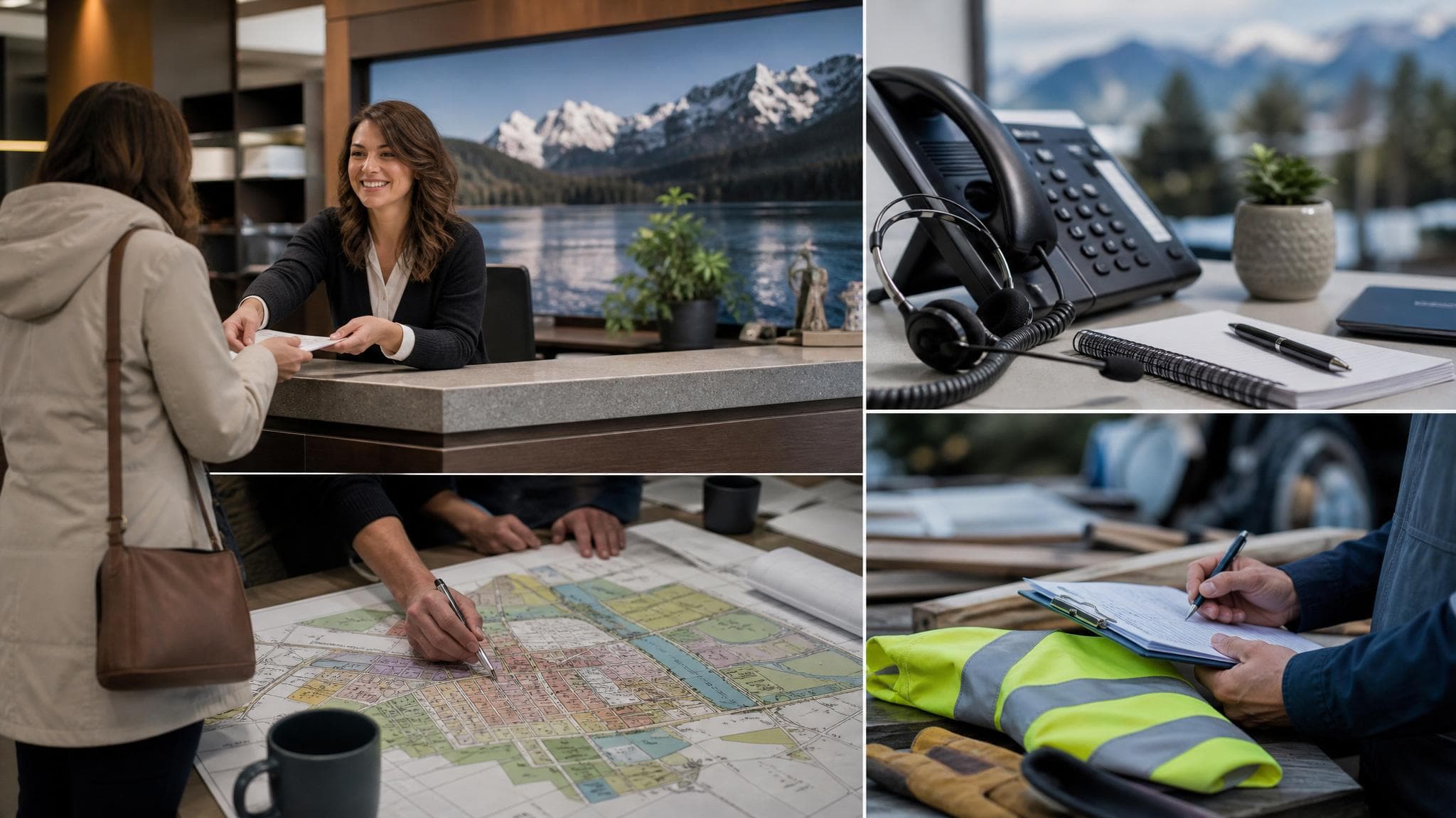 A collage of Silvermere departments, including public works, planning, fire, and front counter service.