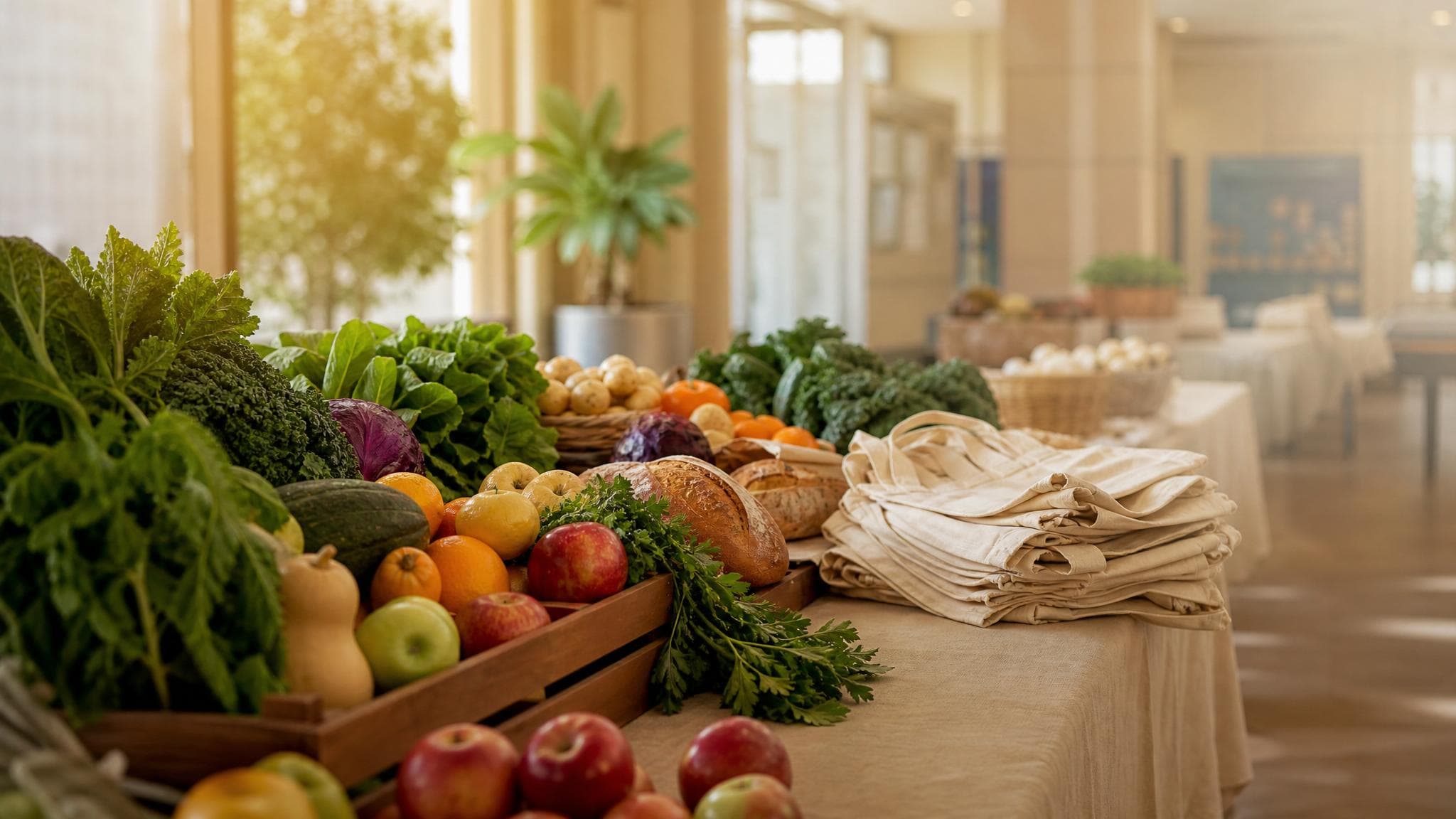 A Silvermere community food support table with fresh produce and packed hampers.