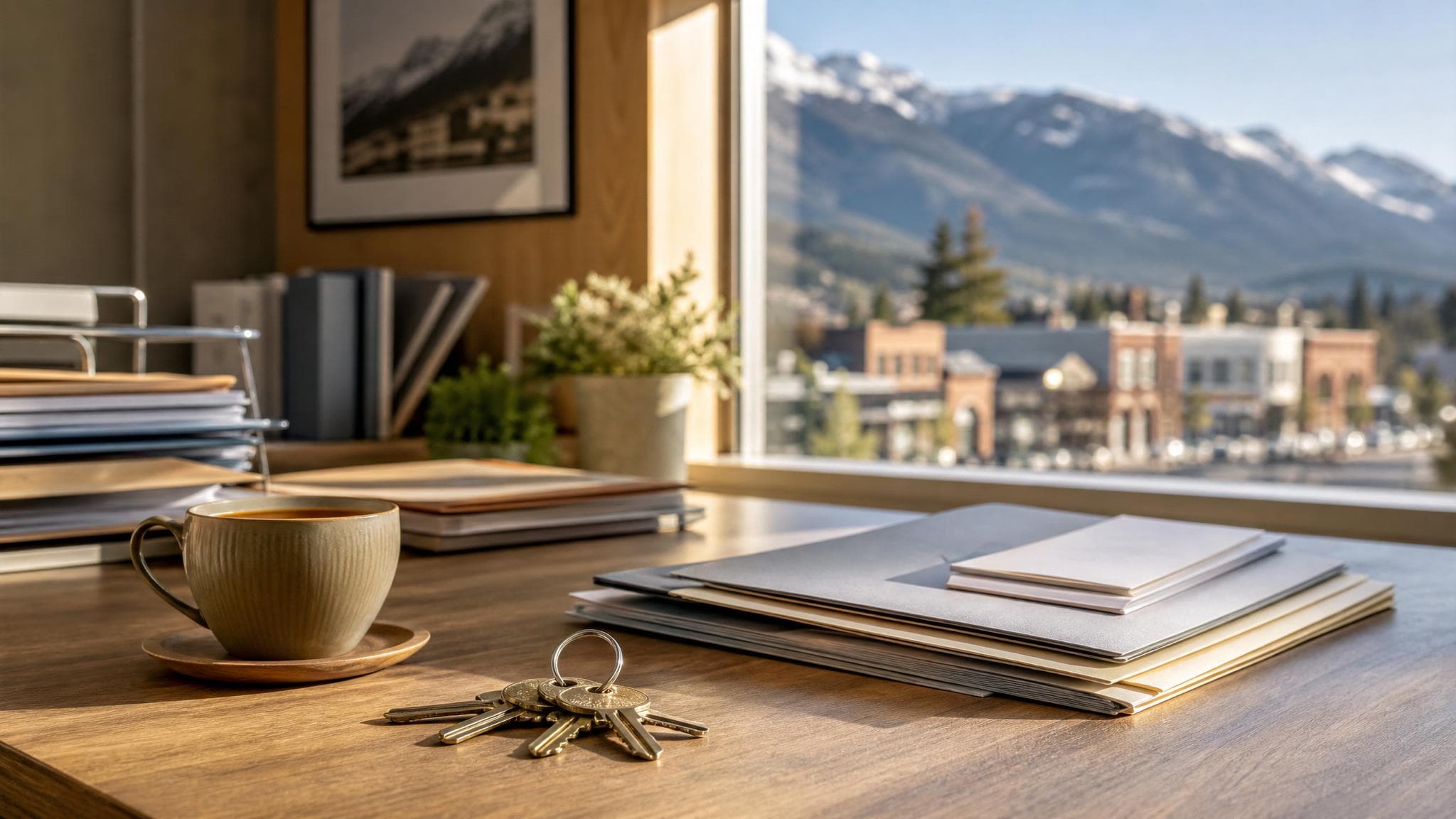 A calm civic desk with housing support forms, keys, and a neighbourhood map.