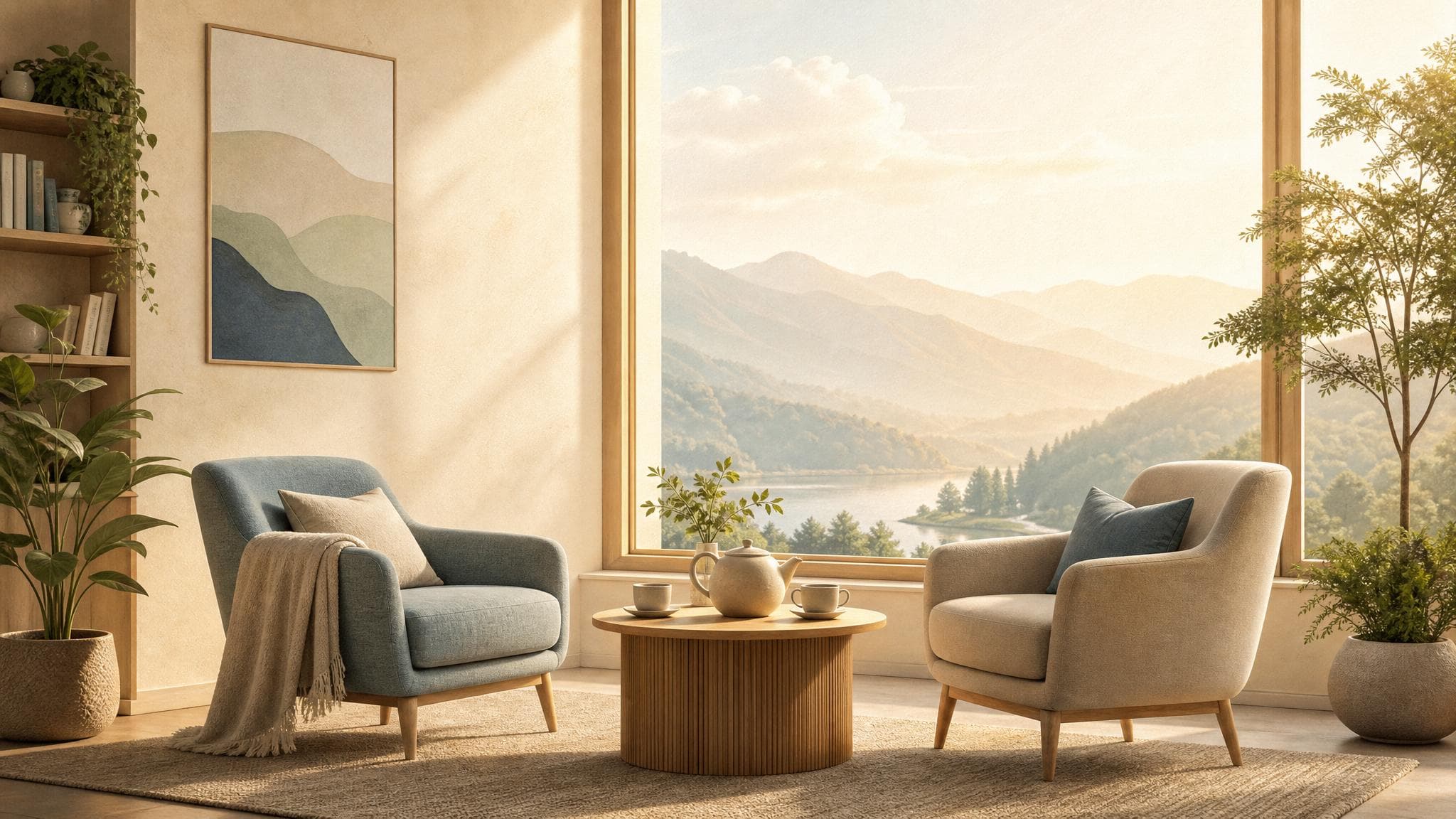 A quiet Silvermere community support room with soft chairs, plants, and daylight.