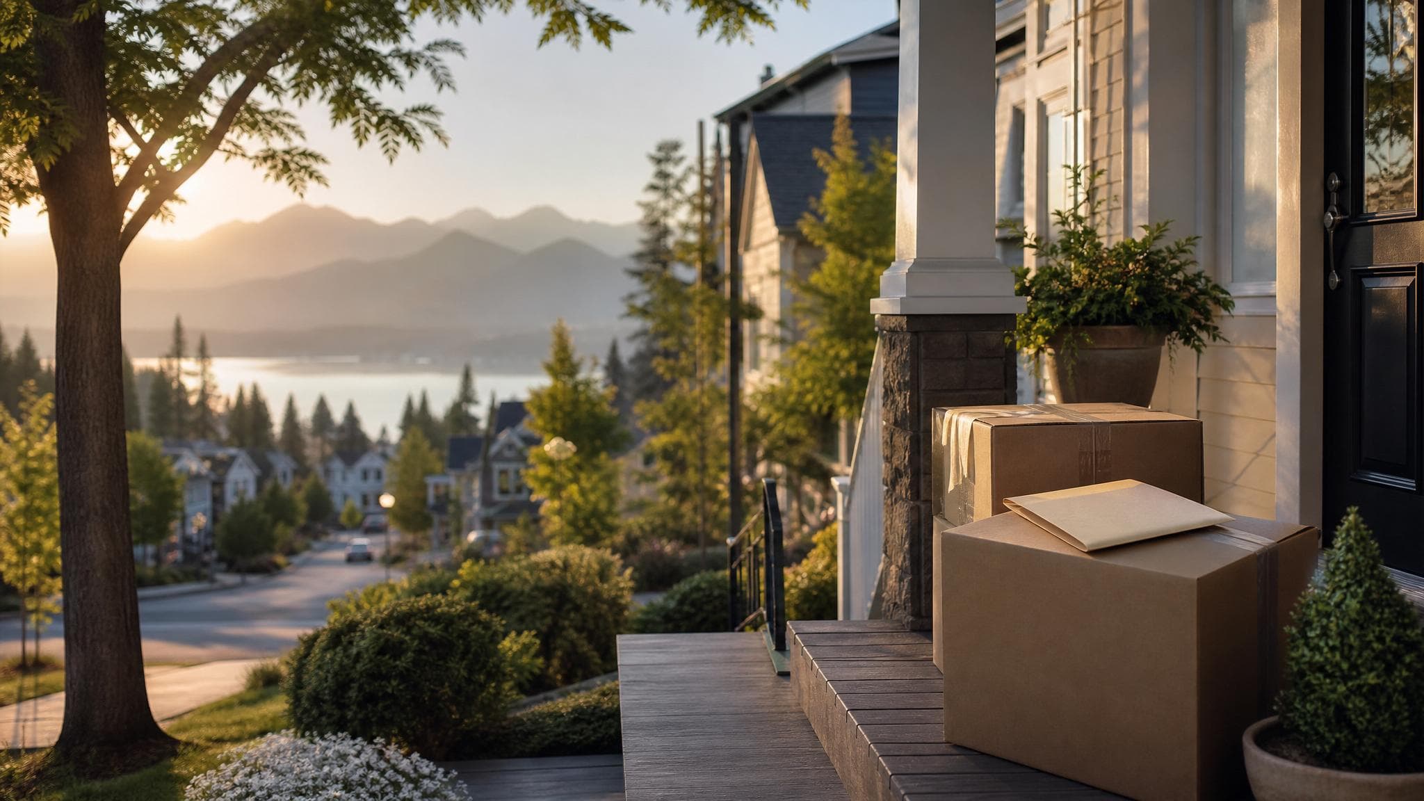 A welcoming Silvermere neighbourhood scene with lake, mountains, and moving boxes on a porch.
