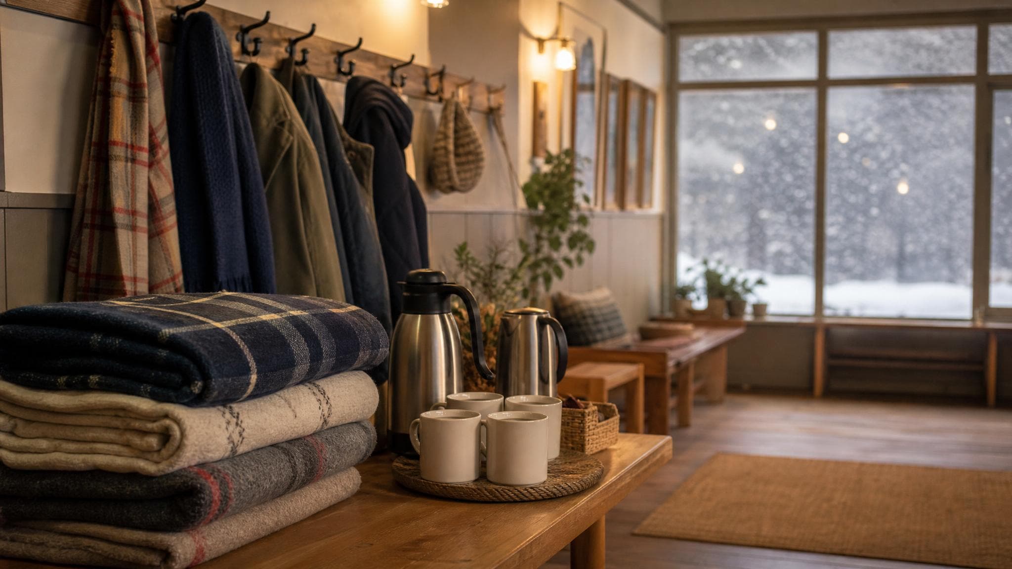 A Silvermere winter warming centre with chairs, blankets, and warm indoor light.