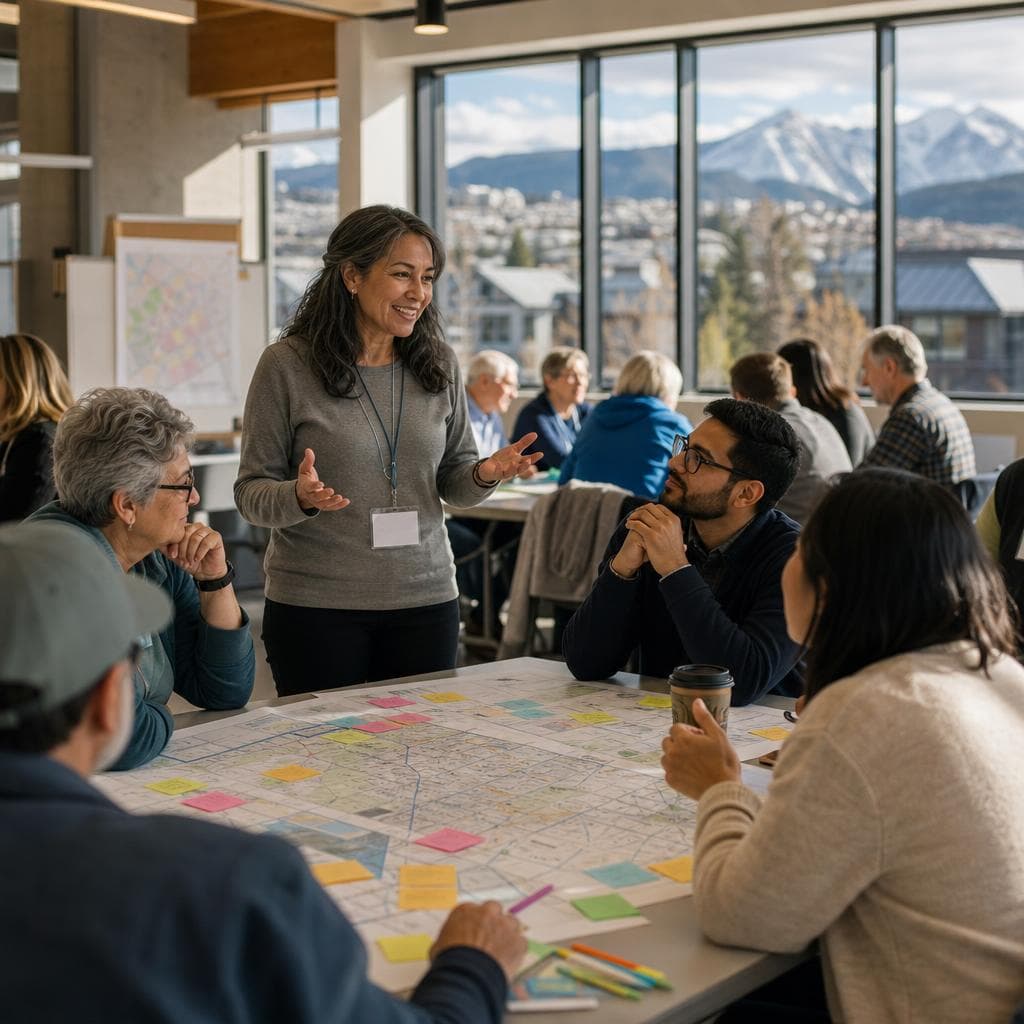 Residents gathered around a table at a community workshop