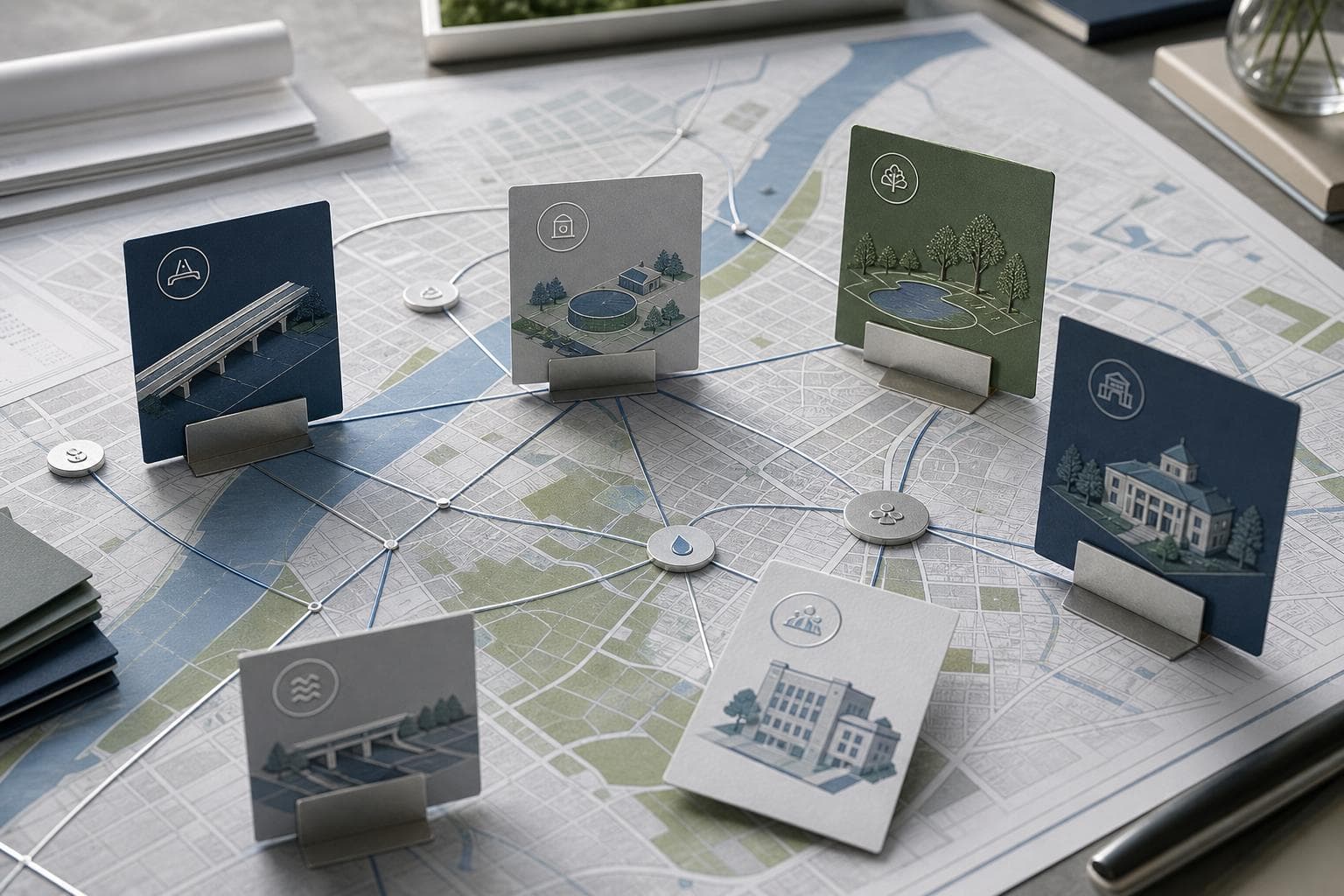 Editorial planning visual of capital project cards connected across roads, water, parks, and civic facilities