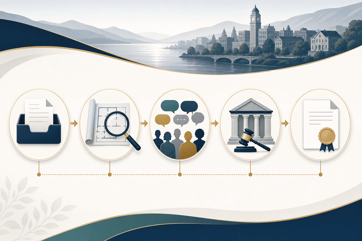 Abstract development approval process diagram with connected civic review steps