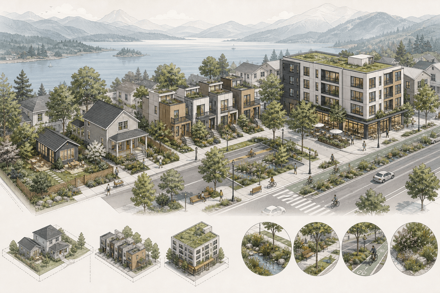 Illustrated housing options diagram with accessory dwellings, townhomes, and apartments over shops