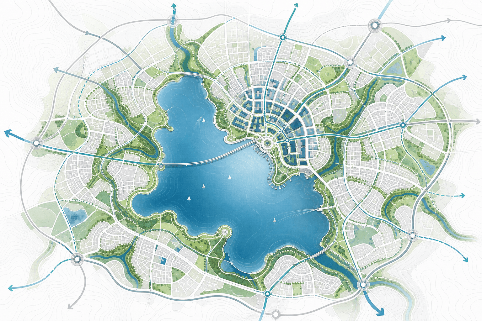 Abstract map diagram of Silvermere planning areas, green corridors, and lakefront connections