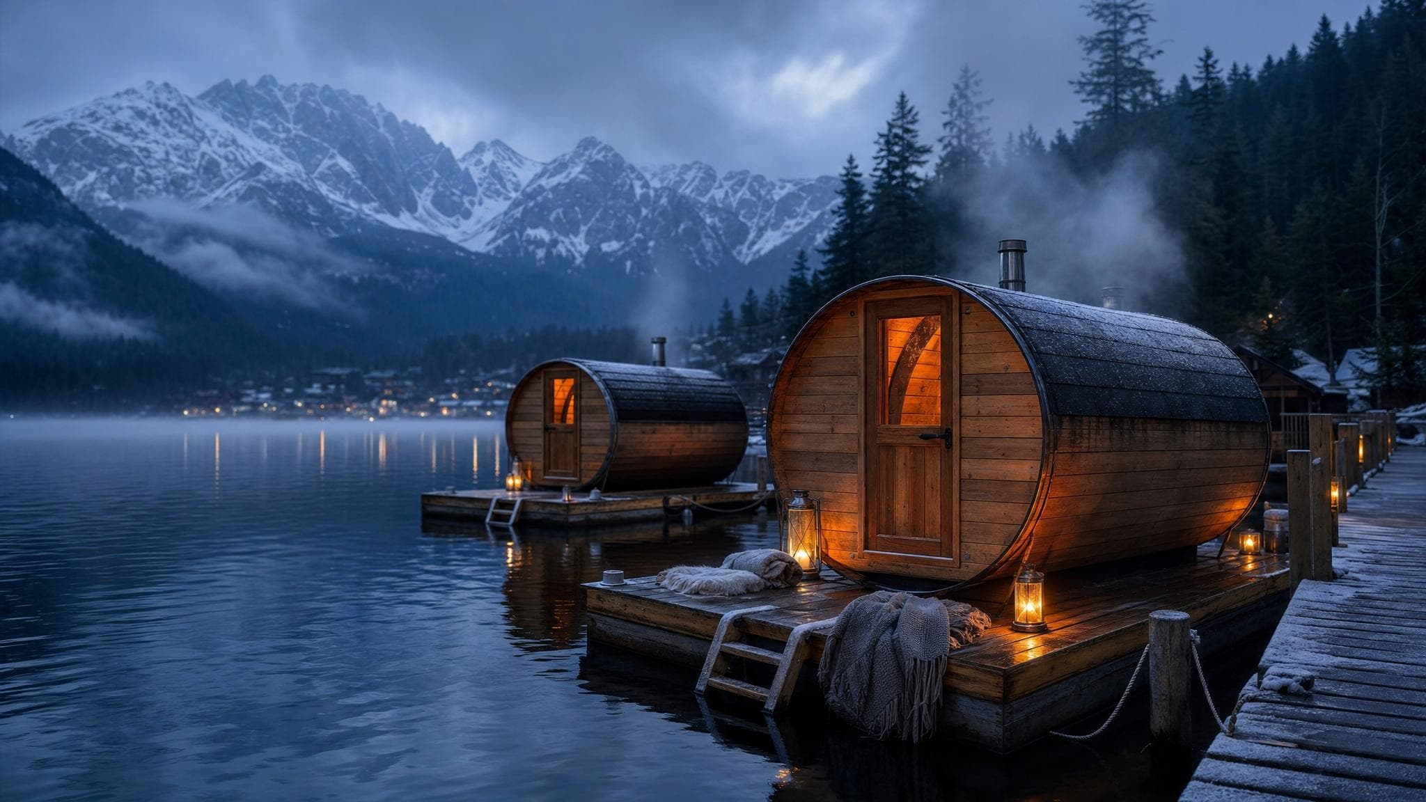 Lantern-lit floating cedar saunas on the Warm Bay at night, steam rising off the dark open water with snow on the surrounding frozen lake