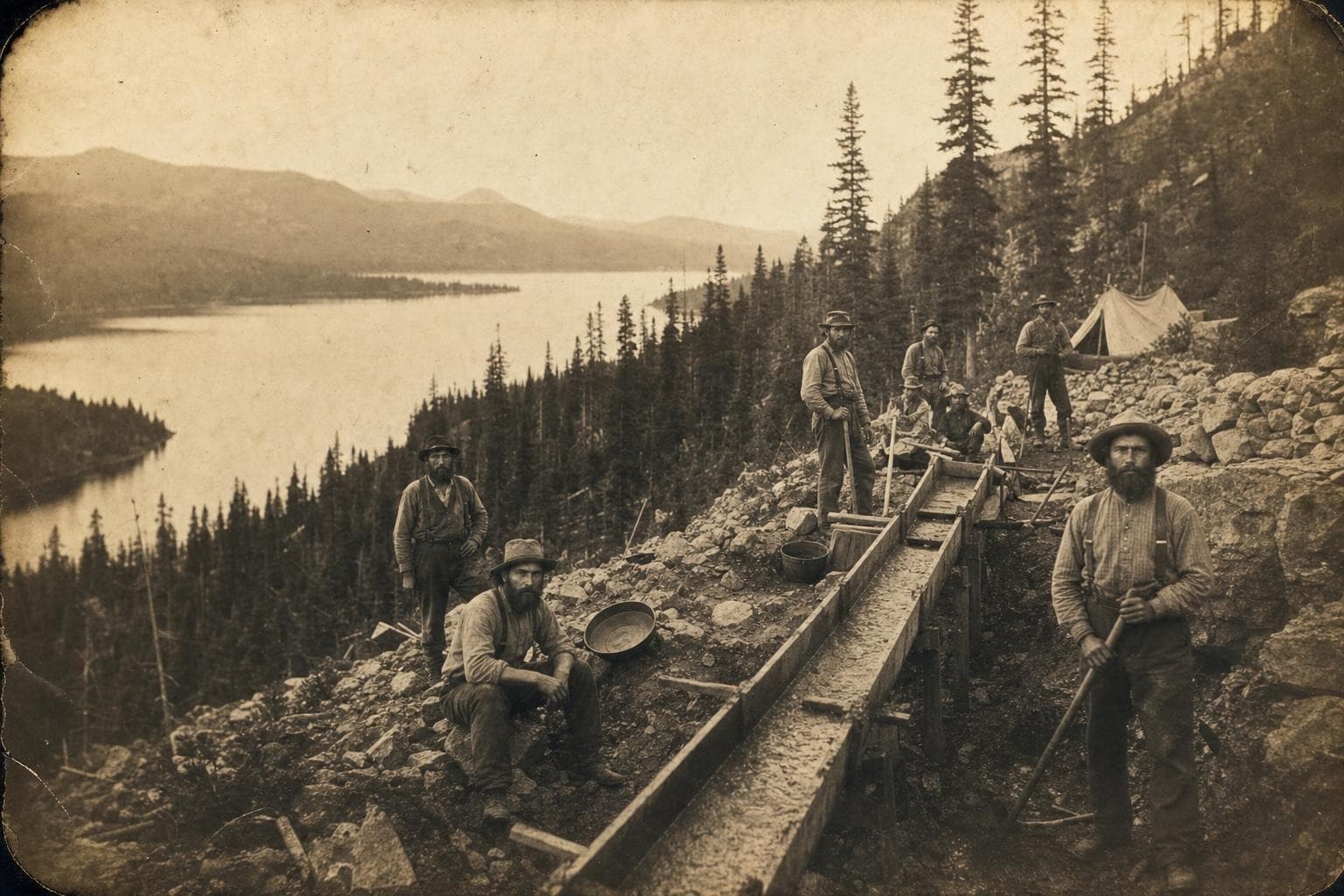 Prospectors at a Silvercrest silver claim above the lake