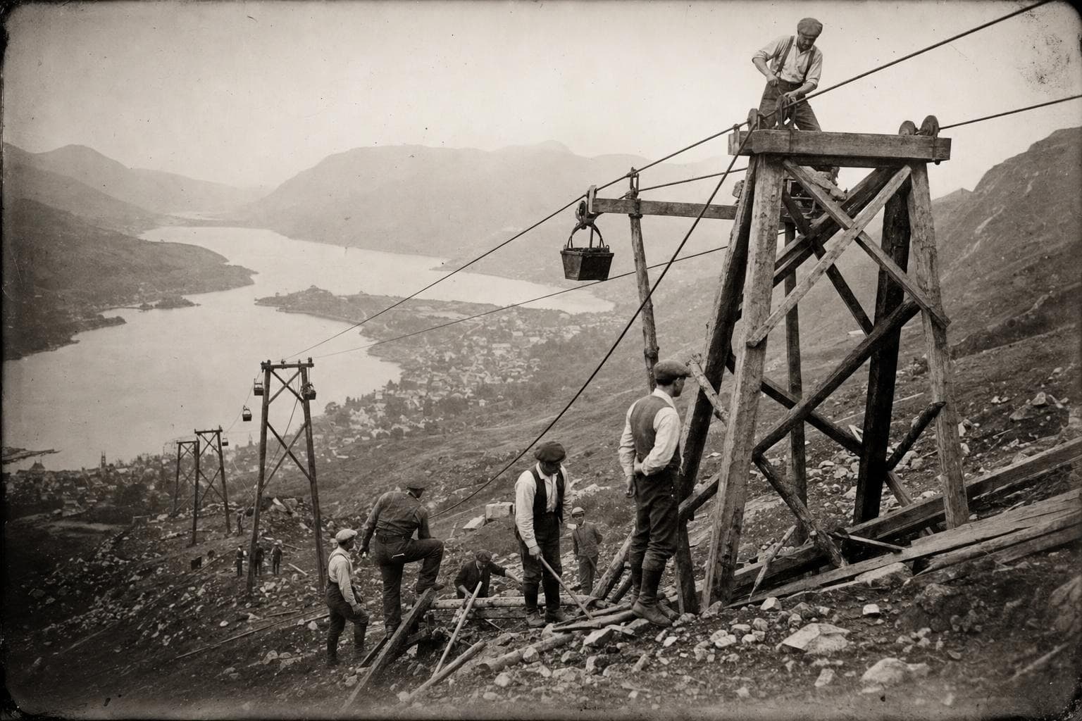 The Skyline ore tramway under construction on the mountain