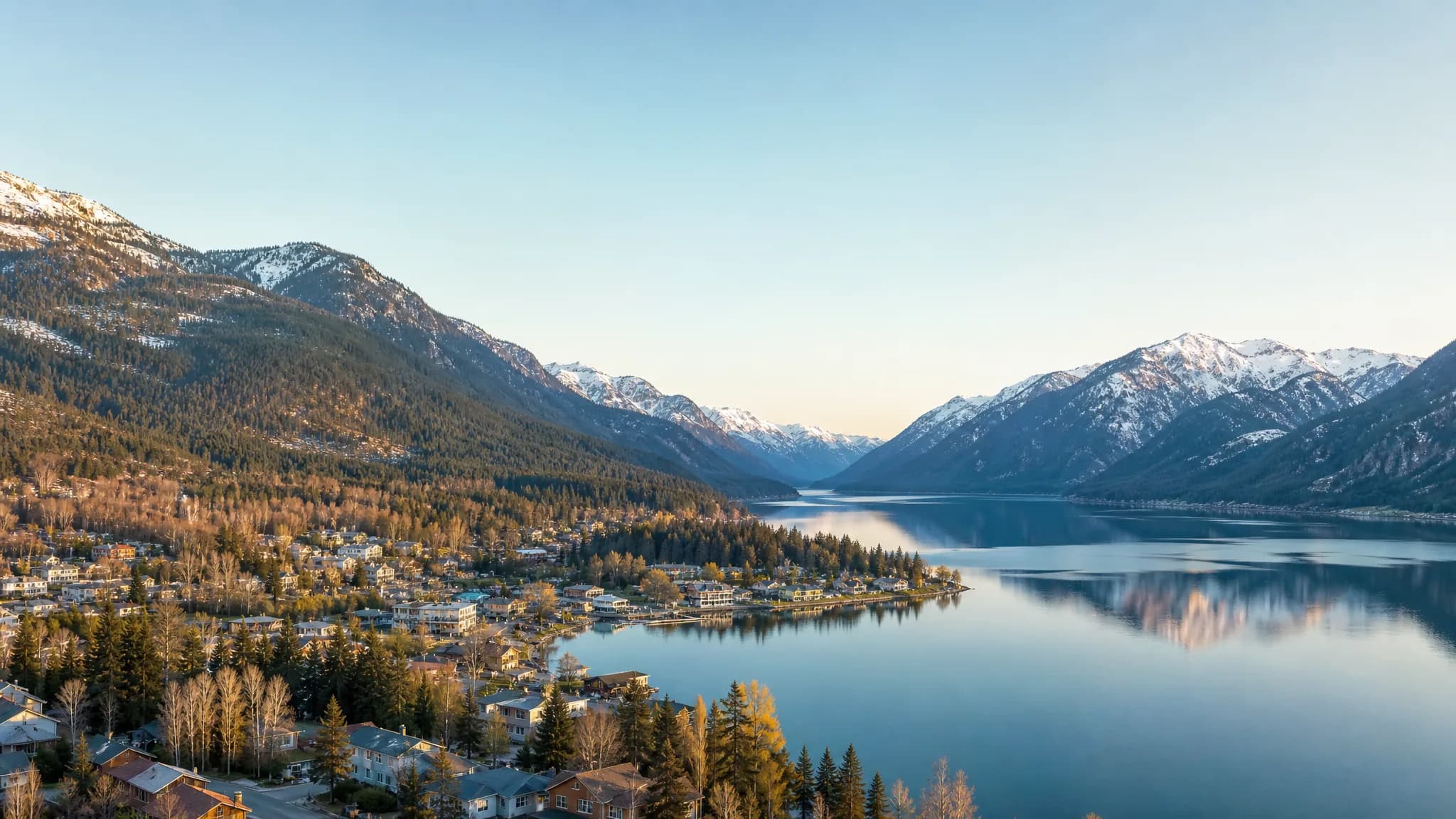 Golden-hour view over Silvermere on the shore of Silver Lake, with the Silvercrest Mountains rising behind the still water