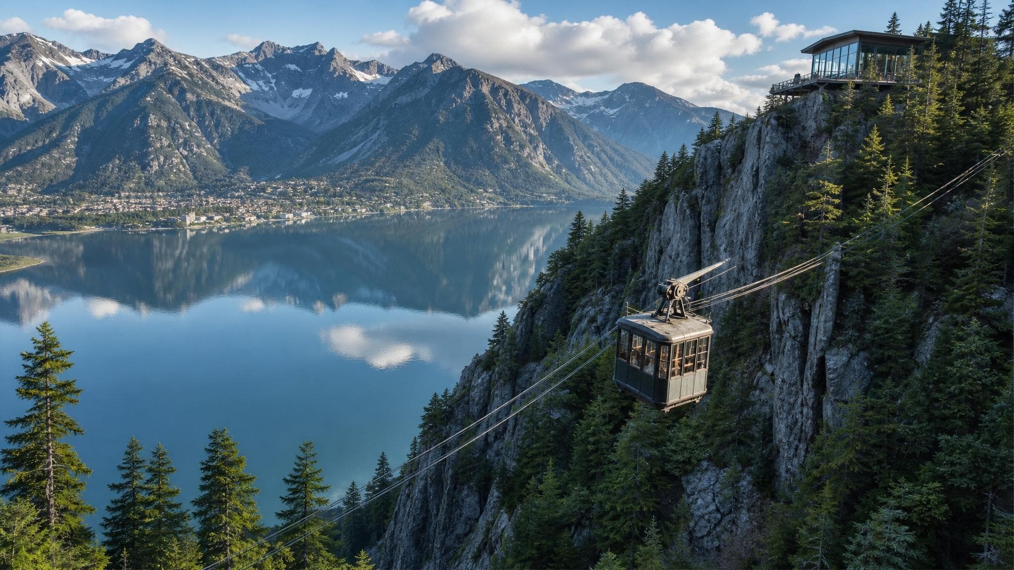 A glass teahouse pinned to the Silvercrest ridge with Silver Lake mirrored far below