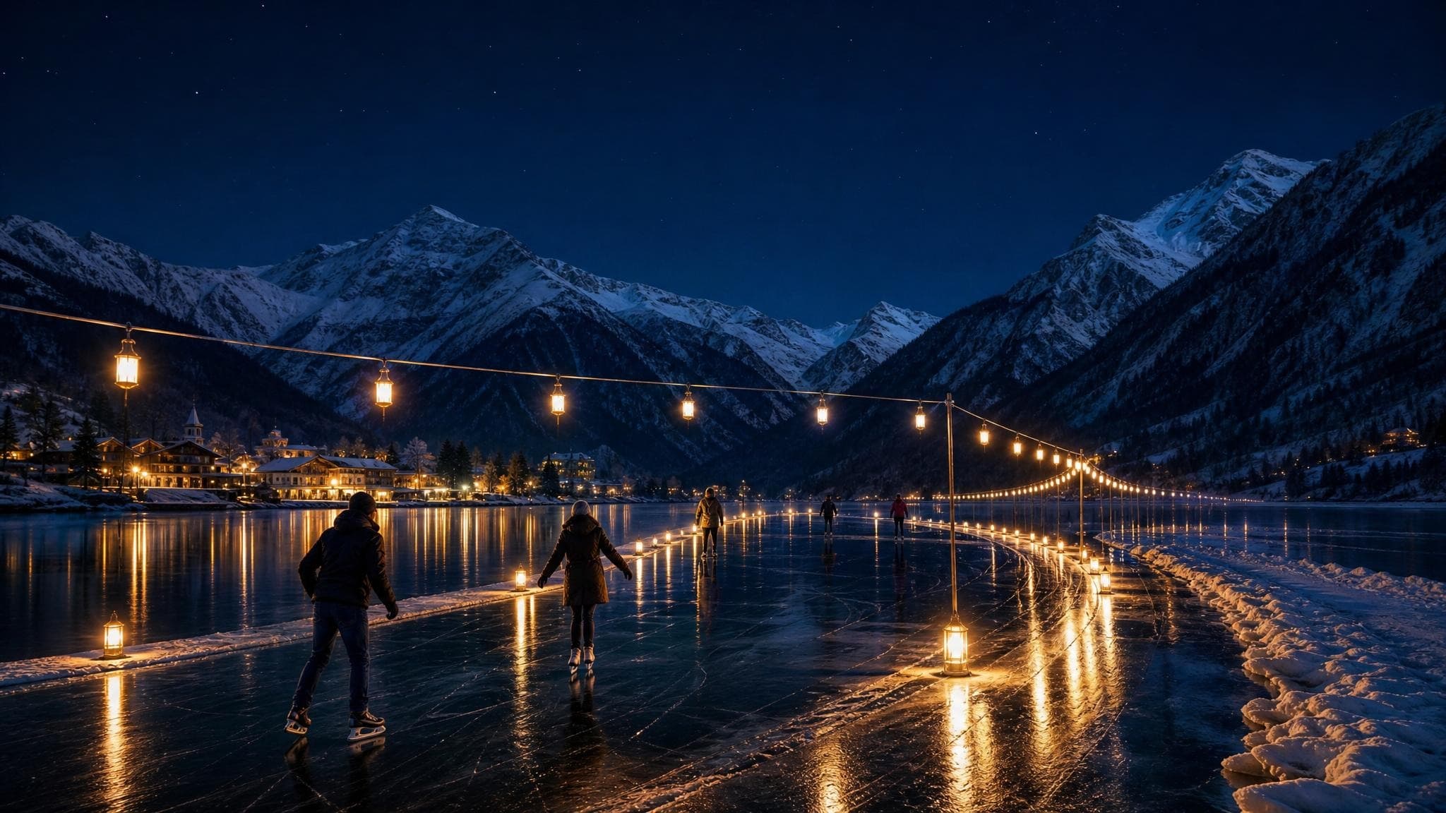 A lantern-lit wild-ice skating loop grooved across frozen Silver Lake at dusk, mountains reflected in the black ice