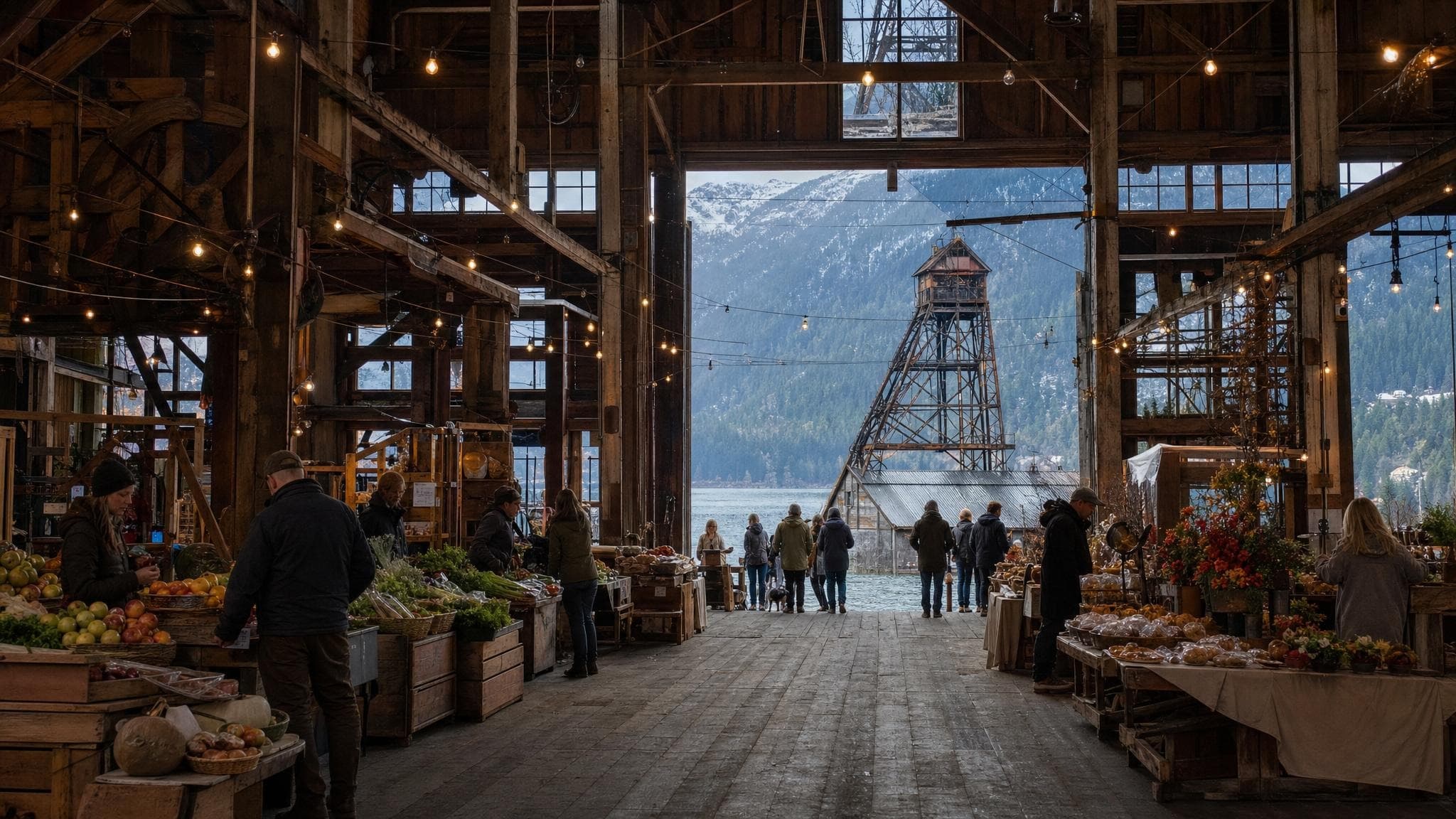 The vast timber-framed hall of the old Highwater Lumber Company sawmill, reborn as a covered market with the silver-mine headframe rising against the mountains behind