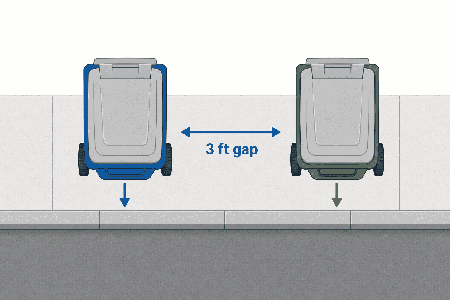 Diagram showing required cart placement. Cart wheels face the road with the lid unlocked. Carts sit 1 metre apart from each other, 2 metres from any parked car, with 3 metres of clear space above the lid for the truck arm.