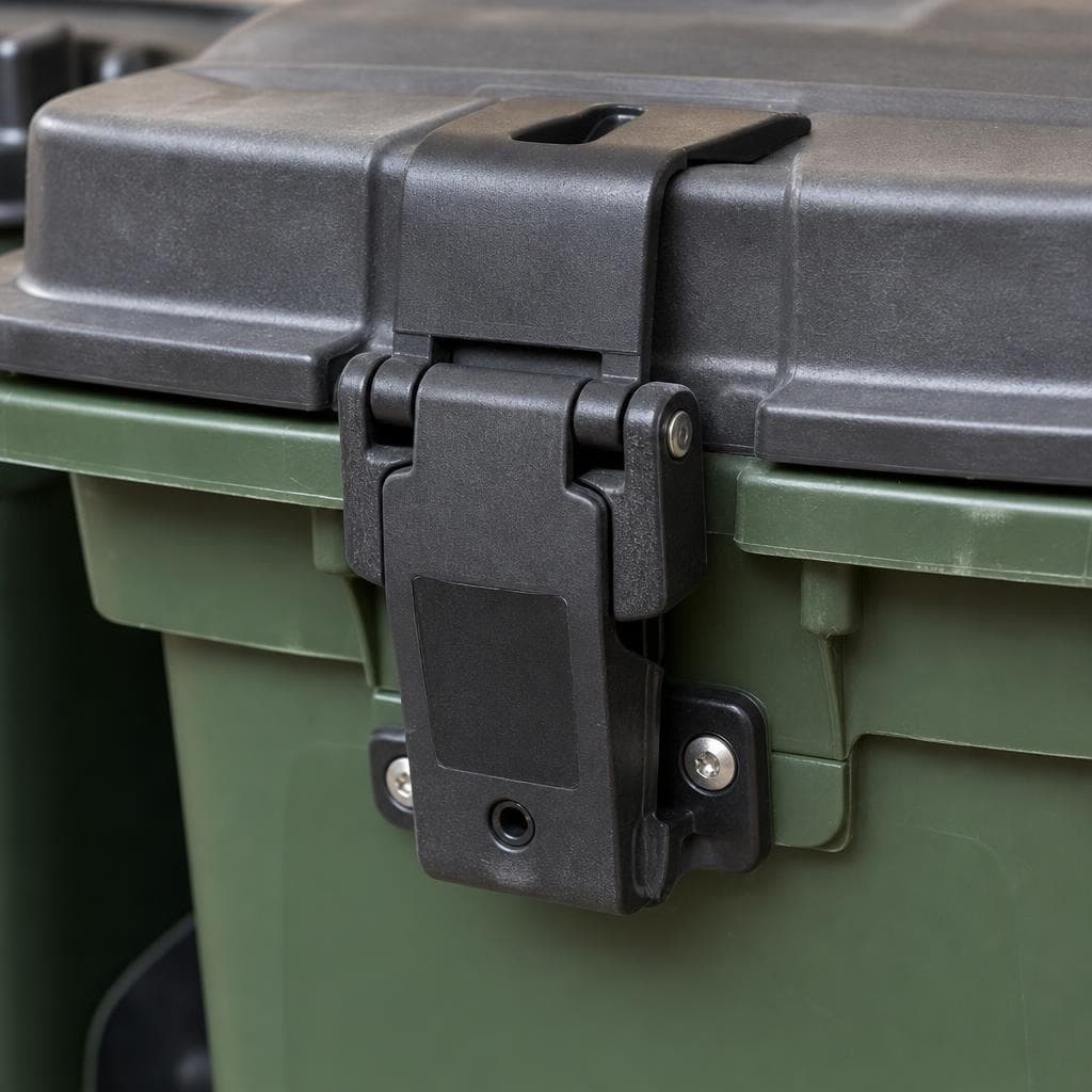 Two close-up photos of green organics carts. The left photo shows the snap-hook wildlife clip locked across the lid. The right photo shows the same clip unhooked and fastened to the side handle on collection day.